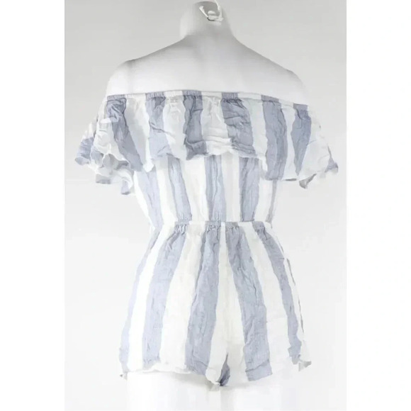 LF Seek The Label Off The Shoulder Striped Romper Medium Blue White Ruffle Trim - Picture 3 of 8